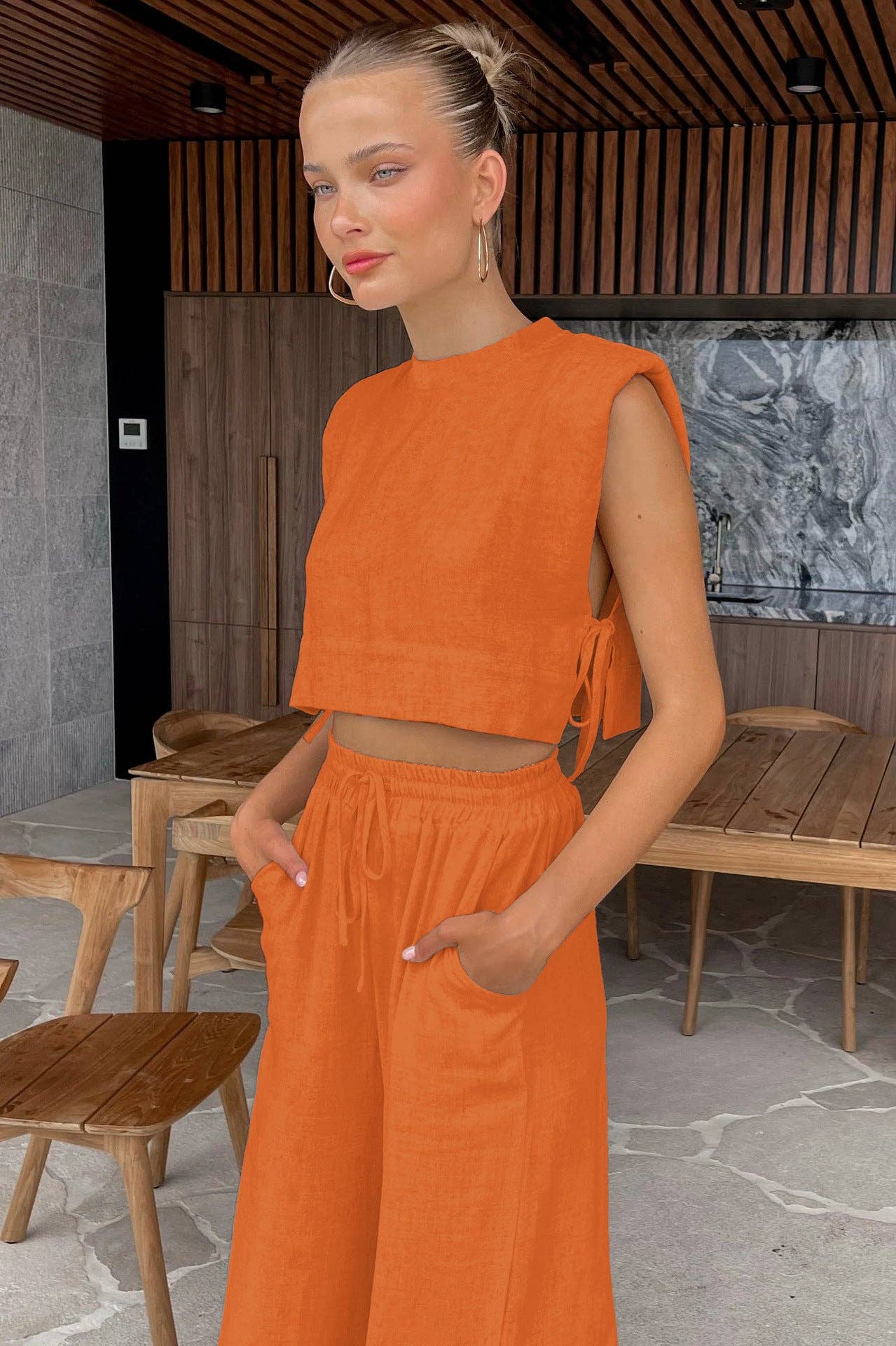 Sweetkama - Vendita all'ingrosso Completo top e pantaloni (NON loungewear) - Donna - Set 2 pezzi top corto senza maniche e pantaloni in lino 2TZ21867