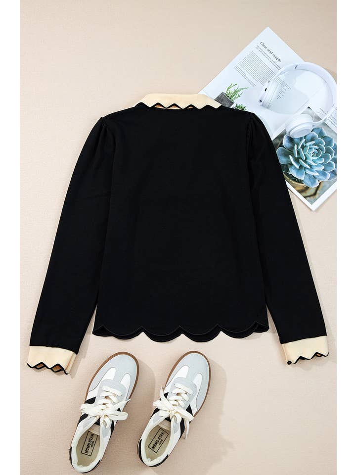 Black Colorblock Scallop Trim Long Sleeve Collared Top for wholesale on Faire1