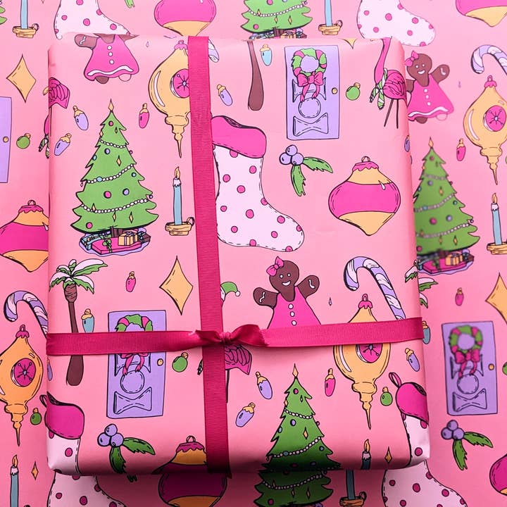 Mary Felker Art and Design - Wholesale Flat Wrap - Flamingo Pink Christmas Wrapping Paper, Colorful Gift Wrap