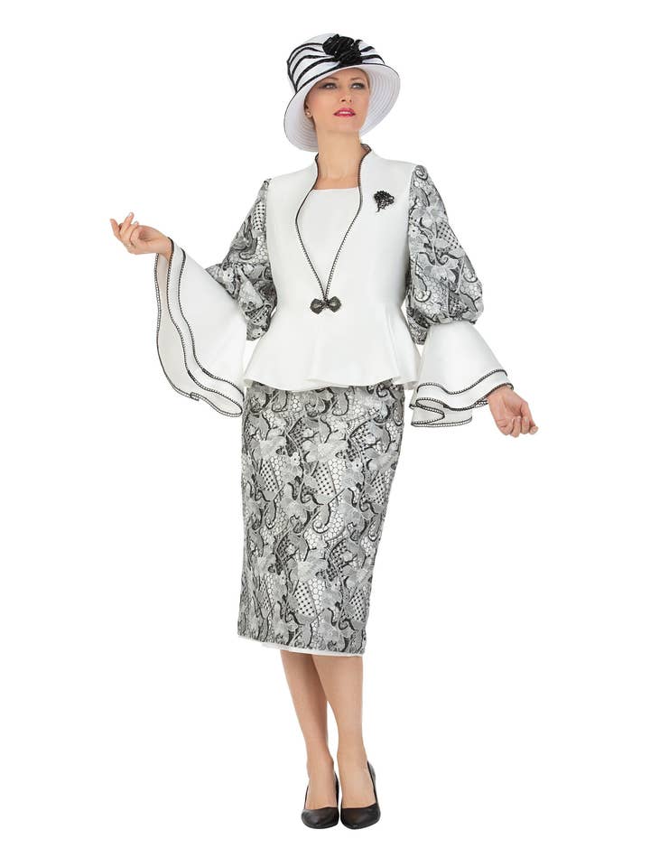 3pc Two-tone Lace Accent Peplum Skt Suit for wholesale by Giovanna