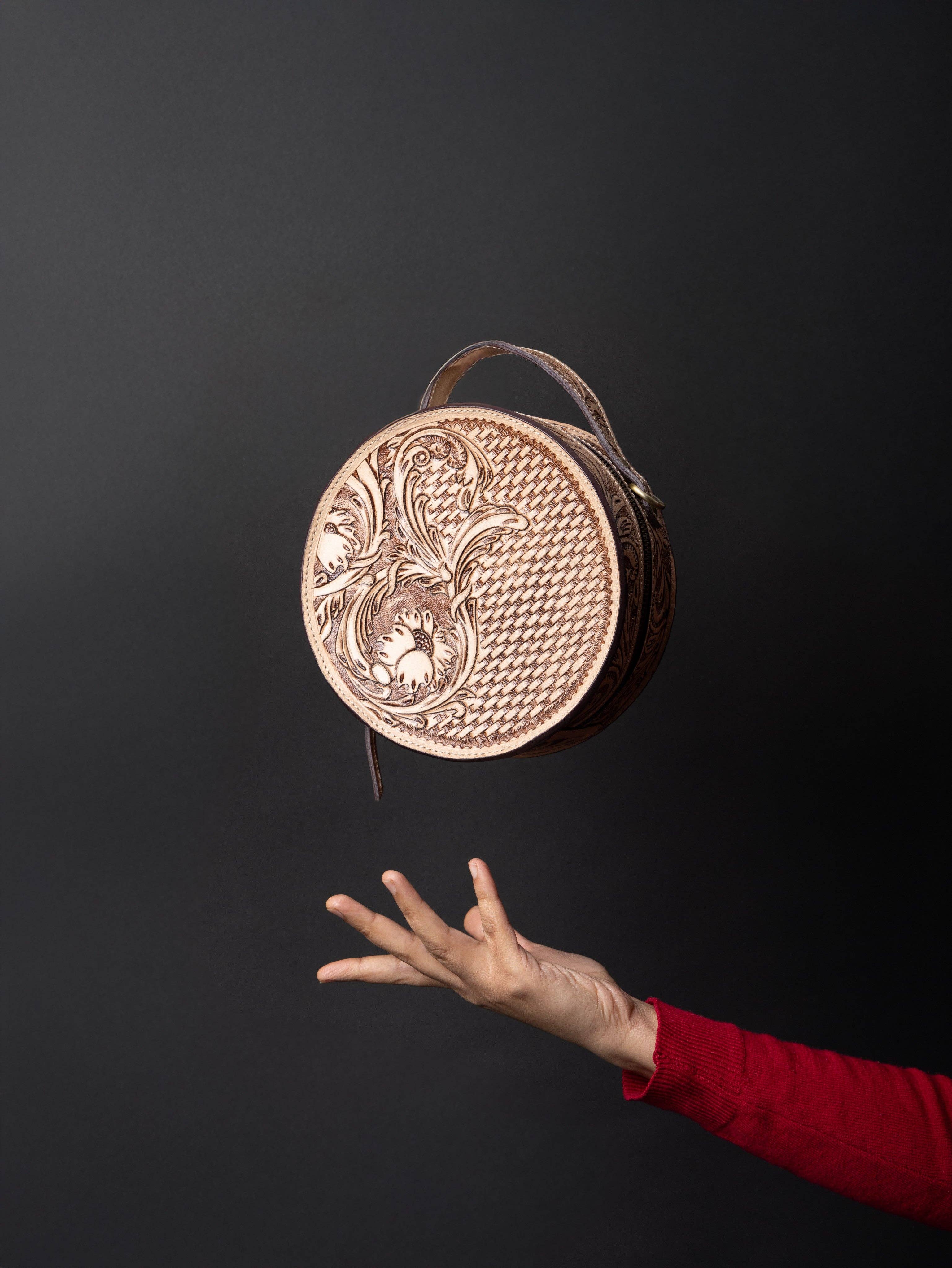 House of Kraft Jewelry & Accessories - Wholesale Top Handle Bag - Women's - Woven Petals Design | Brown Leather Bag | Round Bag15