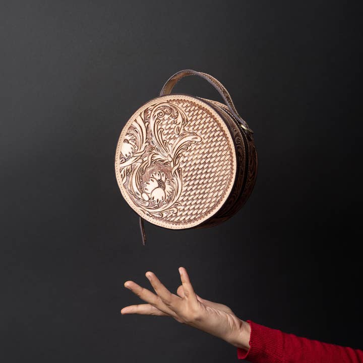 House of Kraft Jewelry & Accessories - Wholesale Top Handle Bag - Women's - Woven Petals Design | Brown Leather Bag | Round Bag15