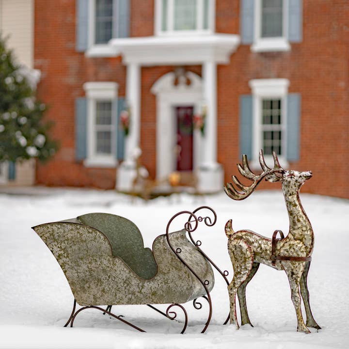 Zaer Ltd. International - Wholesale Christmas Decoration - Large Galvanized Reindeer and Sleigh Decoration