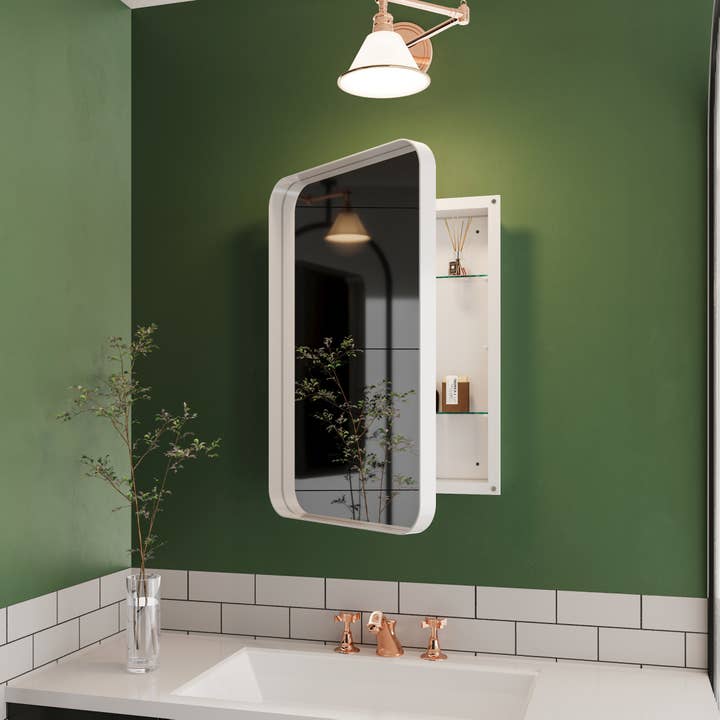 White Recessed Metal Medicine Cabinet with Mirror and Shelves for wholesale on Faire