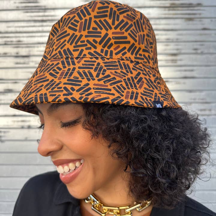 Brown Satin Lined Printed Bucket Hat in Umber for wholesale on Faire