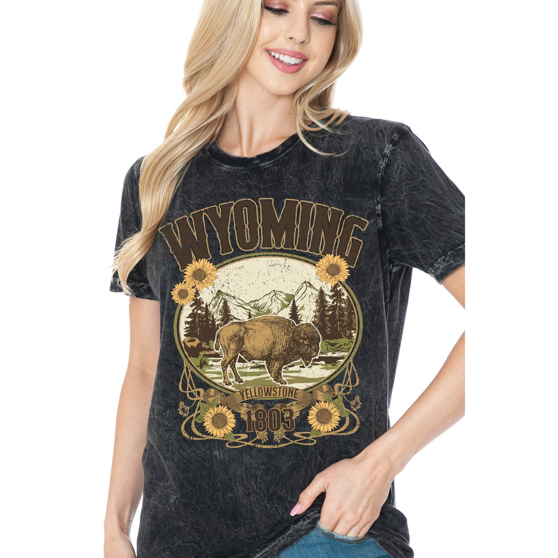 Amused by Blue - Wholesale Screen Printed T-Shirt - Women's - WYOMING YELLOWSTONE- Mineral Wash1