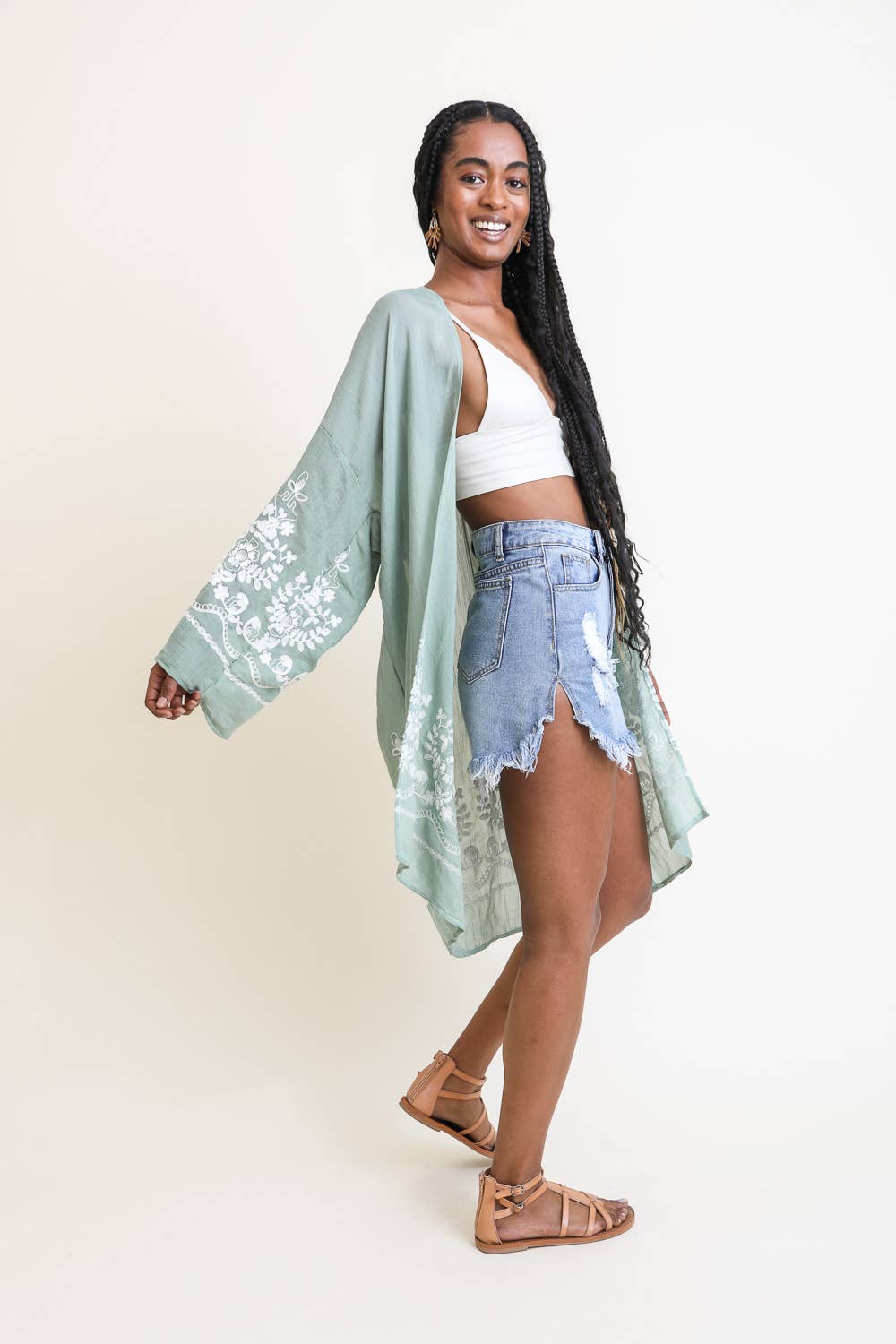 Leto Accessories - Venta al por mayor Kimono - Mujer - Kimono ligero con bordado de vid floral y mangas largas9