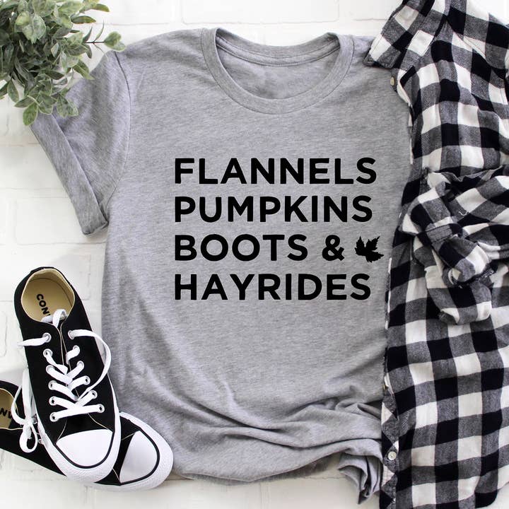 Zoe Creative Co - Vendita all'ingrosso Maglietta serigrafata - Donna - Flannels Pumpkins Boots Hayrides T-Shirt Autunno Camicia Ottobre14