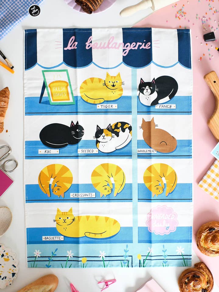 La Boulangerie/ The Bakery- Large Organic Tea Towel for wholesale by Nat Ellis Illustration