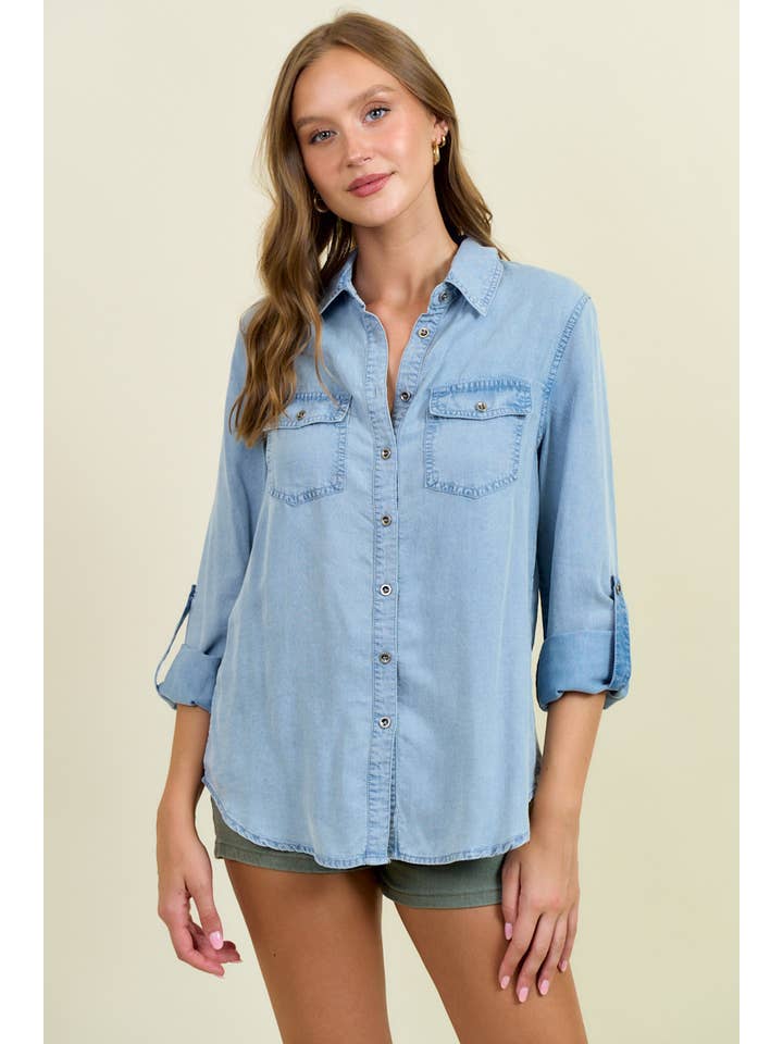 Doe and Rae – Camisa com botões no colarinho – Mulher por atacado – Camisa Chambray Button Down Com Manga Roll Up - 41778T