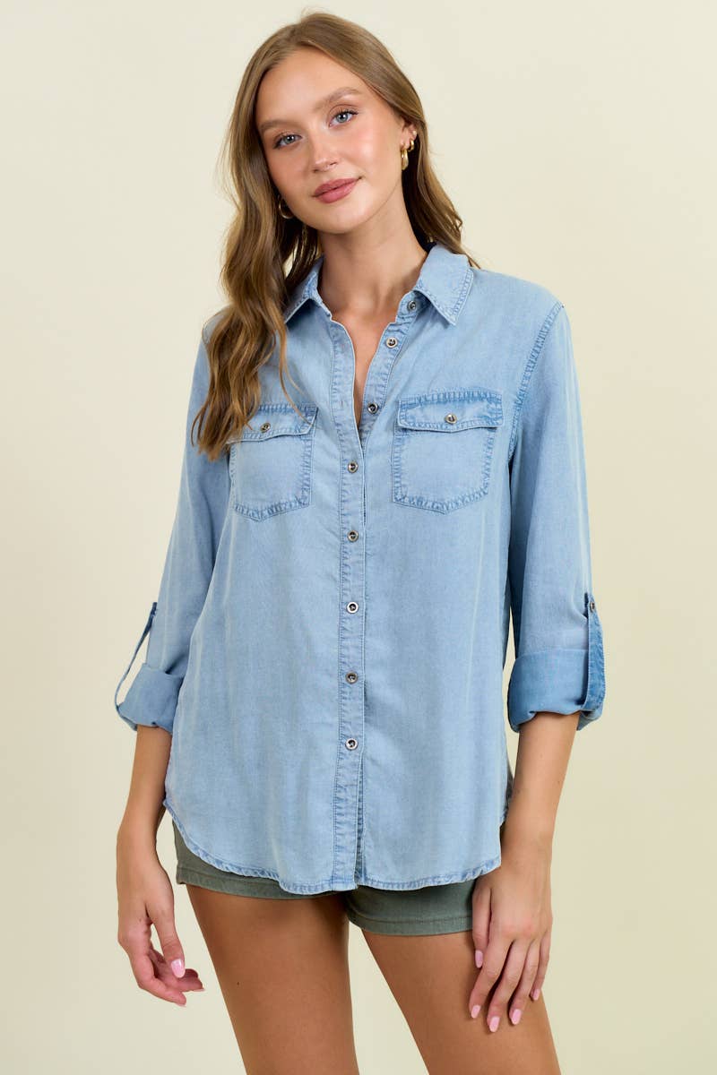 Doe and Rae - Wholesale Overhemd met knopen - Dames - Chambray overhemd met knoopsluiting en oprolbare mouwen - 41778T
