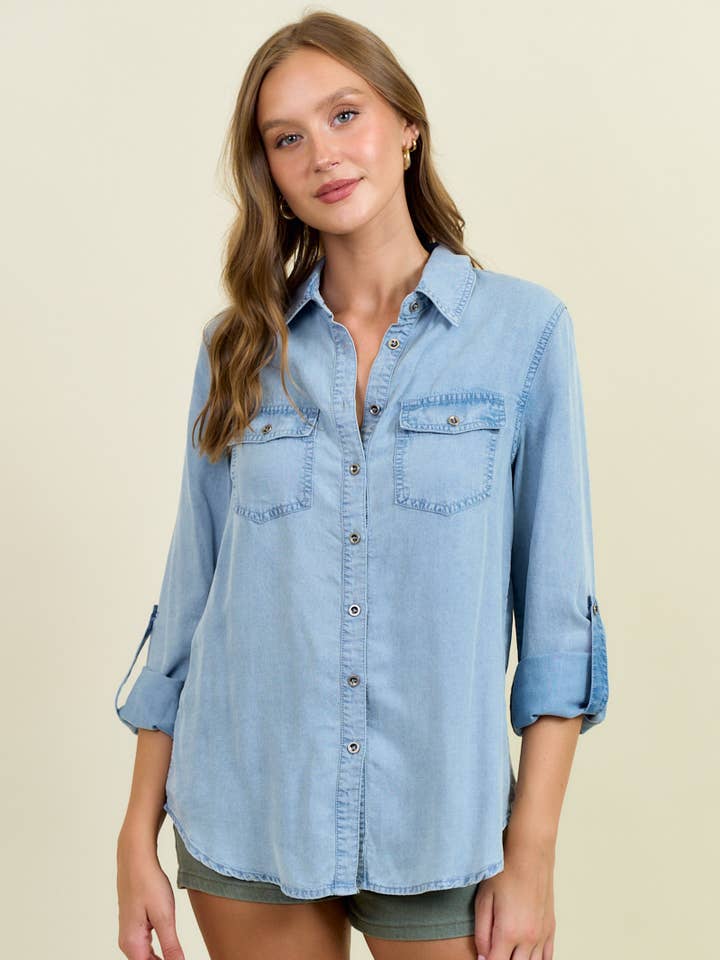 Doe and Rae - Wholesale Overhemd met knopen - Dames - Chambray overhemd met knoopsluiting en oprolbare mouwen - 41778T0