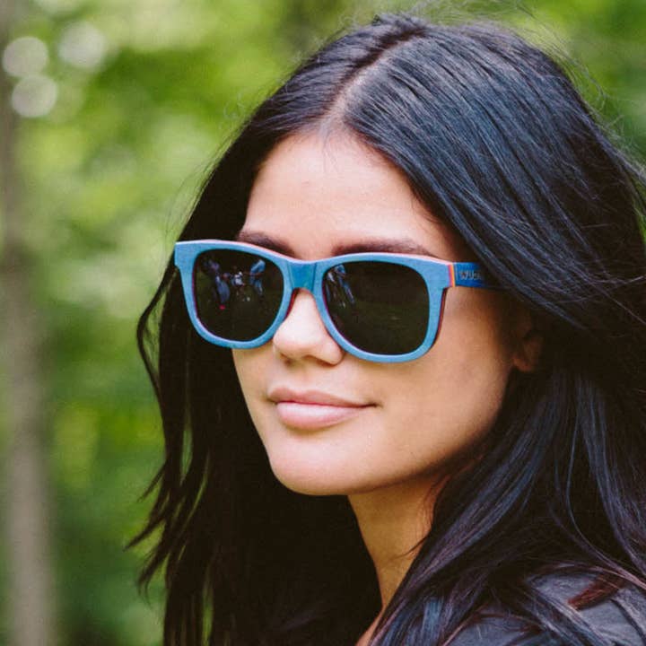 Recycled Skatedeck Sunglasses - Escalator Blue for wholesale by WUDN Handcrafted