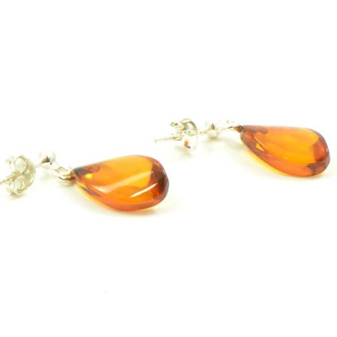 Cognac Polished Amber Earrings with 925 Sterling Silver for wholesale by The Natural Amber