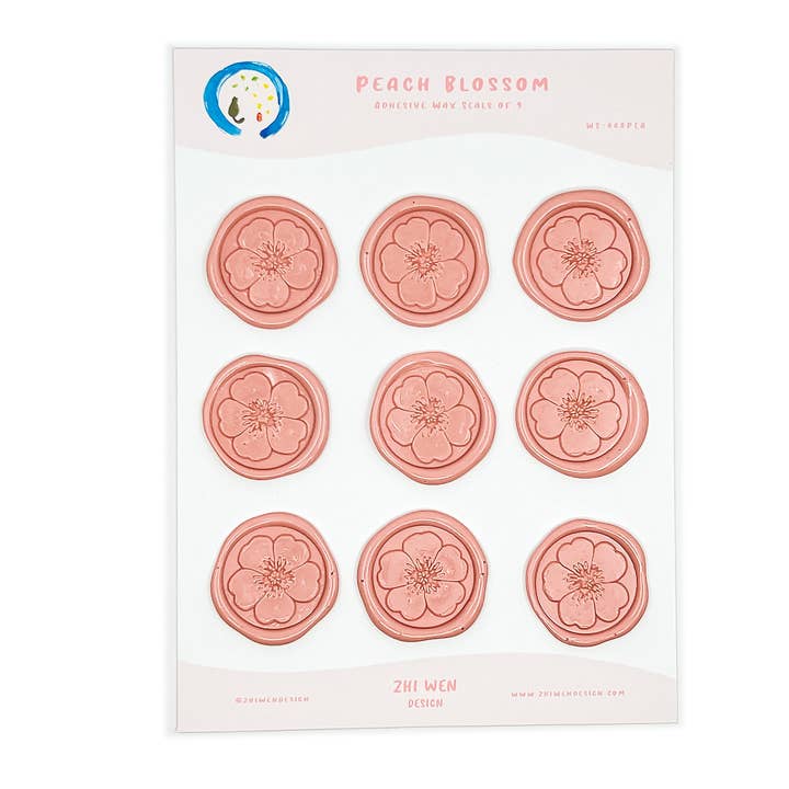 Peach Blossom Adhesive Wax Seals Set of 9 in Pink for wholesale by Zhi Wen Design