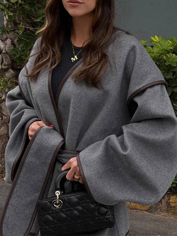 GRAY Long Sleeves Loose Pockets Solid Color Split-Joint Tied Waist V-neck Woolen Coat for wholesale on Faire4