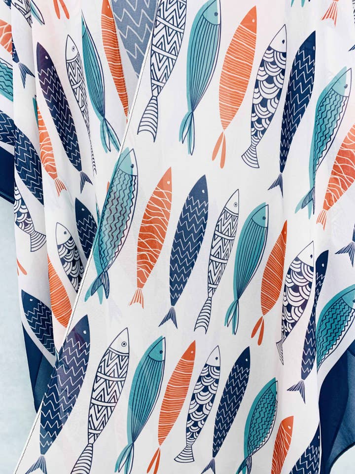 JC Sunny Fashion – wholesale Kimono - Dam – JC071025 Marinblå-Multi Fisk Kimono1