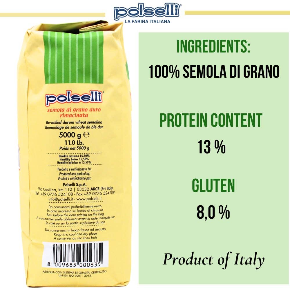 Wholesale Italian Food - Wholesale Flour - Polselli, Semola Flour, Semola Rimacinata, 11 lb ( 5 kg)1