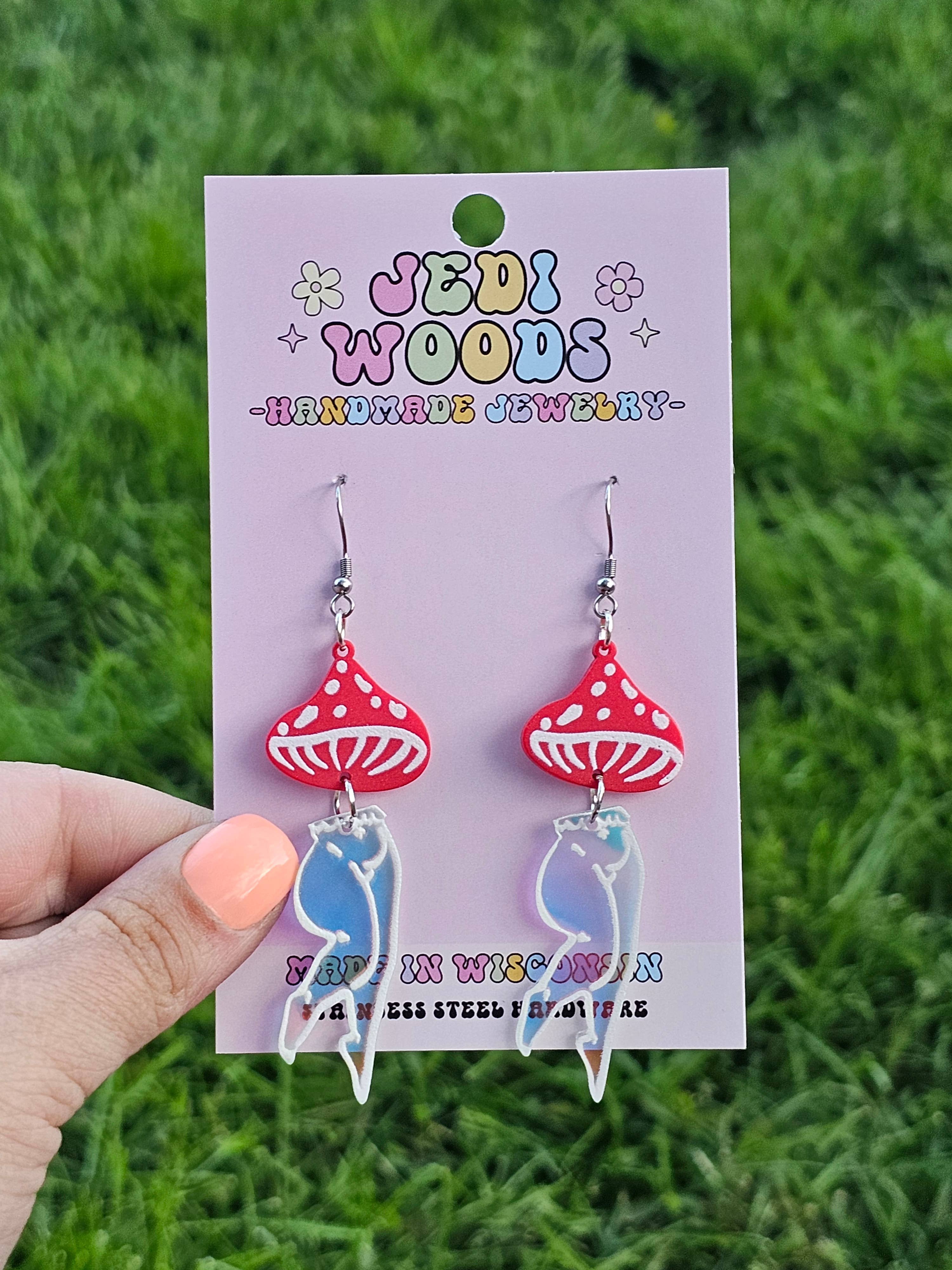 Jedi Woods LLC - Wholesale Dangle Earrings - Mushroom Lady Earrings with Red and Irredescent Acrylic