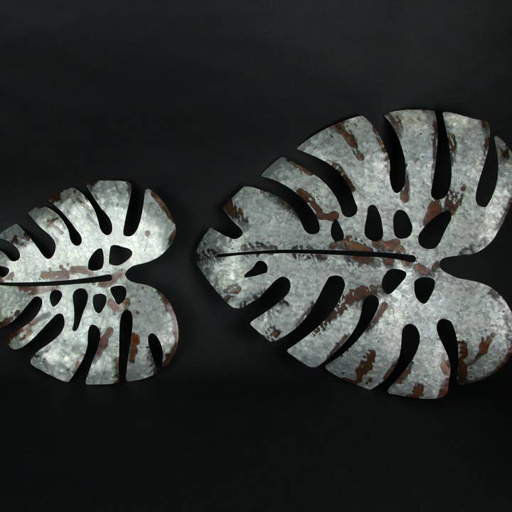 Zeckos - Wholesale Wall Accent - Set of 2 Aged Galvanized Monstera Leaf Wall Decor-16 & 24 in