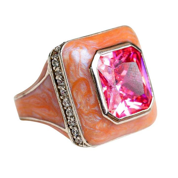 Ring Enamel square ring with centered colored CZ Sterling silver Ring 501R37403 for wholesale by Zirconmania Wholesale Fashion Jewelry