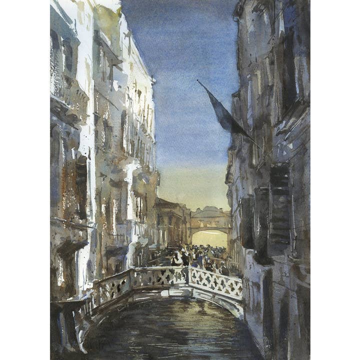Bridge of Sighs in Venice, Italy watercolor painting. Watercolor painting Bridge of Sighs Venice gondola artwork watercolor Venice skyline (print) for wholesale by Ryan Fox Fine Art