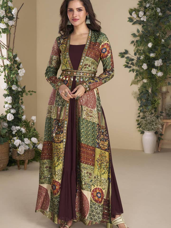 Maroon Georgette Anarkali Suit With Long Jacket For Indian & Pakistani Wedding Festival - Thread Embroidery Work, Print Work for wholesale by HATKE BRIDE