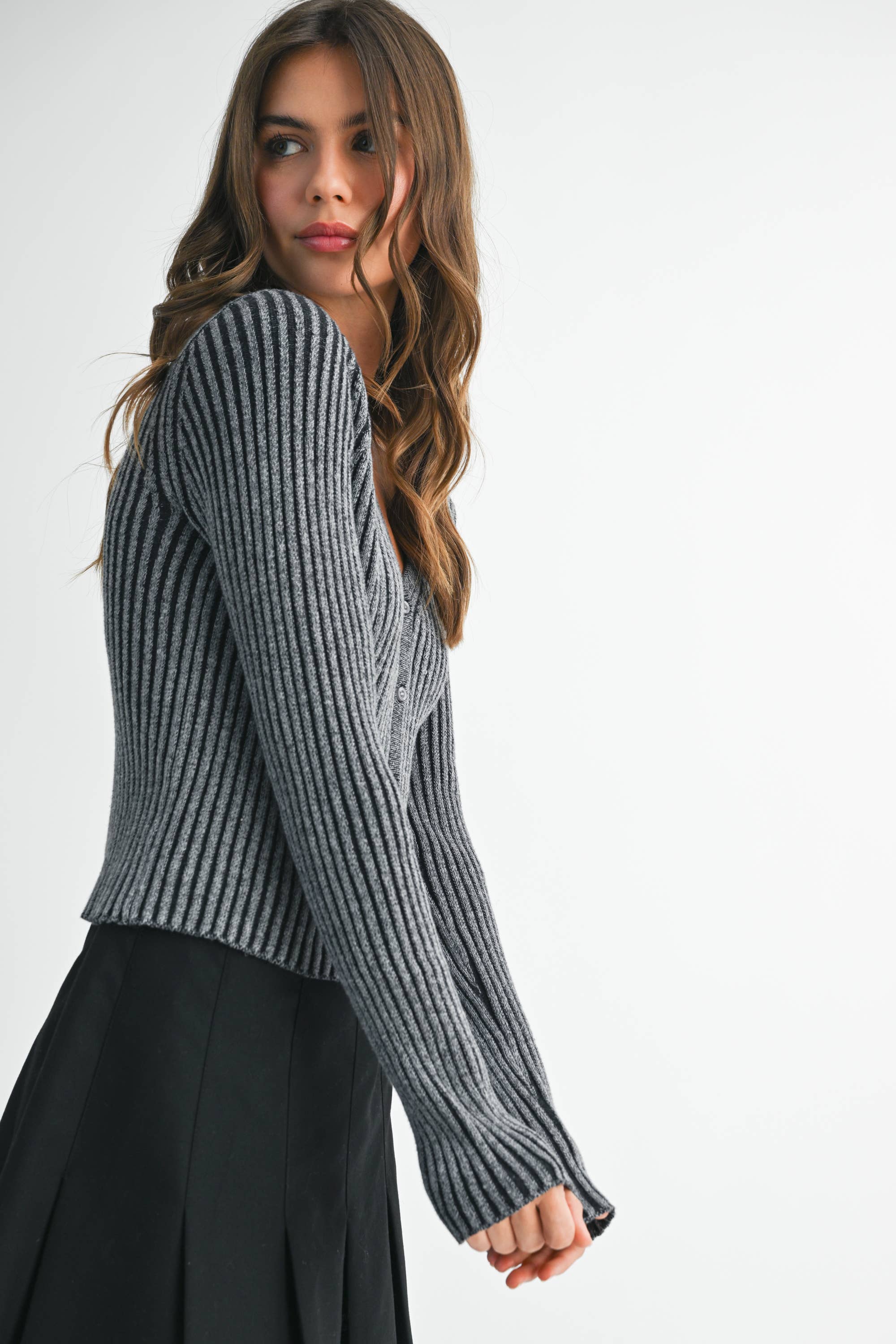 AEMI + CO - Wholesale Cardigan - Women's - 3391GK Ribbed Button-Up Cardigan7