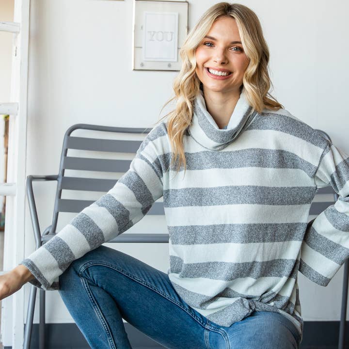 Striped Funnel Neck Knit Top for wholesale by Veveret