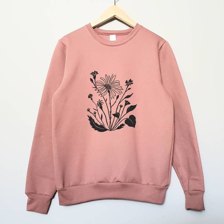 Wildflower sweatshirt, unisex hand printed crewneck, block printed floral illustration, soft fleece jumper, clothing, ethical fashion for wholesale by M.E. Image