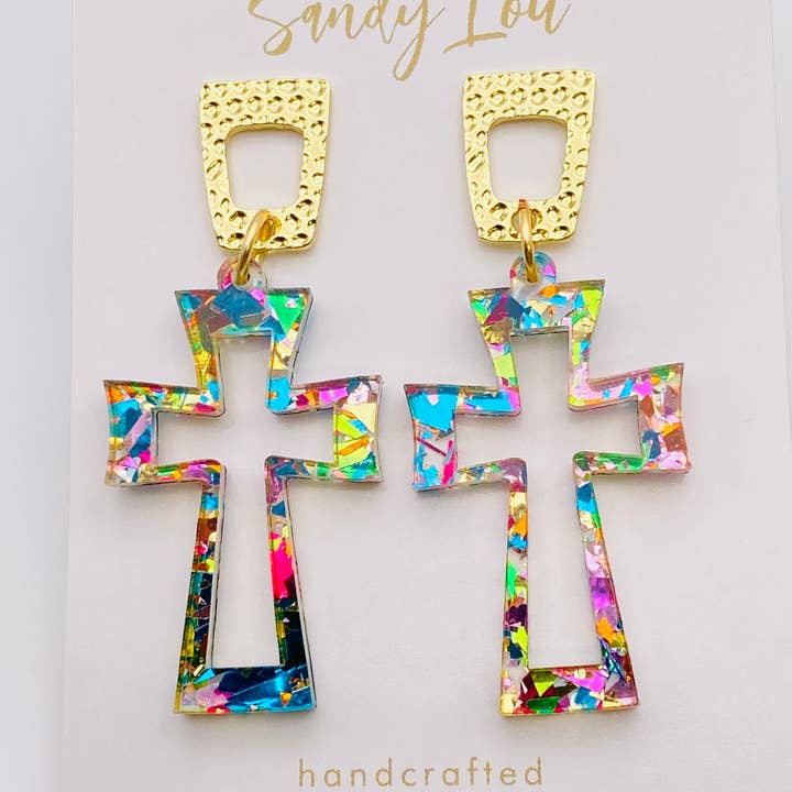 CRUCIFIX CHUNKY GLITTER CROSS ACRYLIC EARRINGS for wholesale by Sandy Lou Designs