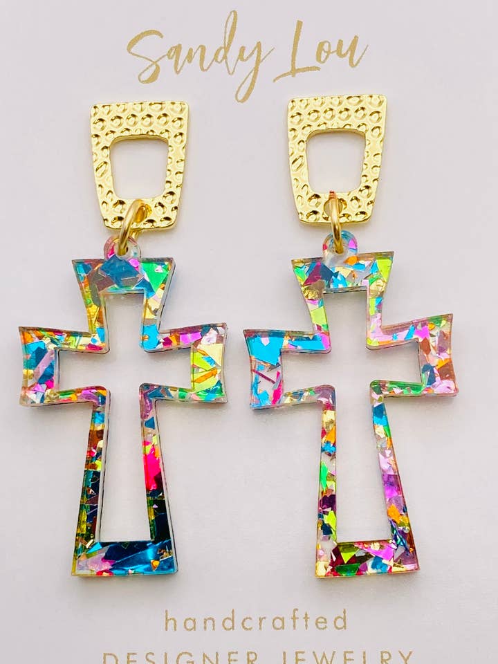 CRUCIFIX CHUNKY GLITTER CROSS ACRYLIC EARRINGS for wholesale by Sandy Lou Designs