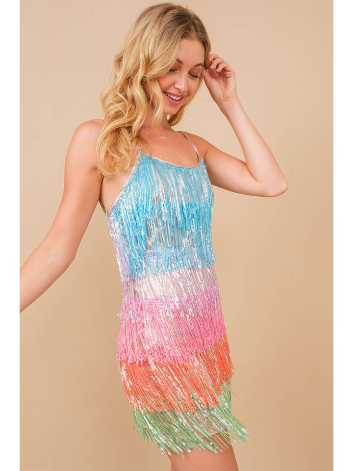 RAINBOW 50070D-Rainbow Sequin Metallic Fringe Tiered Cami Mini Dress for wholesale on Faire5