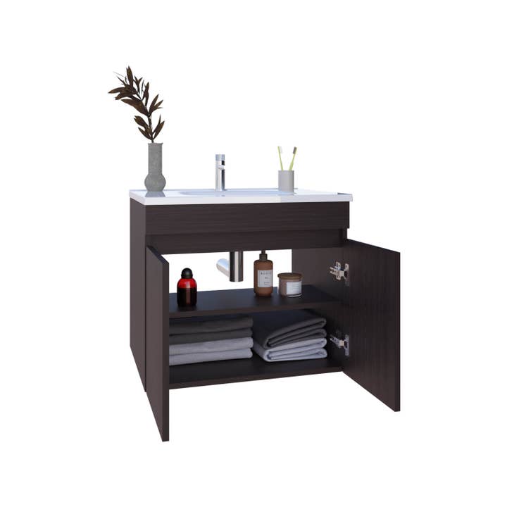 TUHOME FURNITURE - Wholesale Cabinet - Chaux Floating, Wide Double Door Vanity, With Resin Sink And Two Shelves, Bathroom Storage4