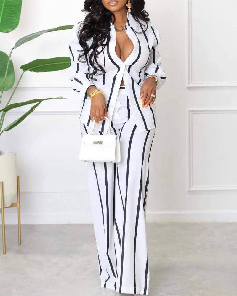 Fashion Combination - Wholesale Top & Skirt Set - Women's - striped long sleeve button down shirt pants set1