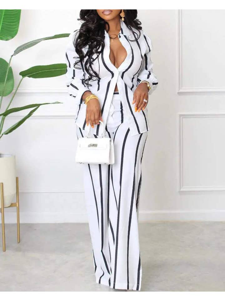 Queen Fashion - Wholesale Top & Skirt Set - Women's - striped long sleeve button down shirt pants set1