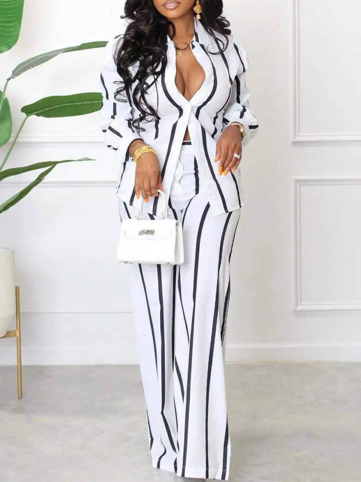 Fashion Combination - Wholesale Top & skirt set – Women's - striped long sleeve button down shirt pants set1