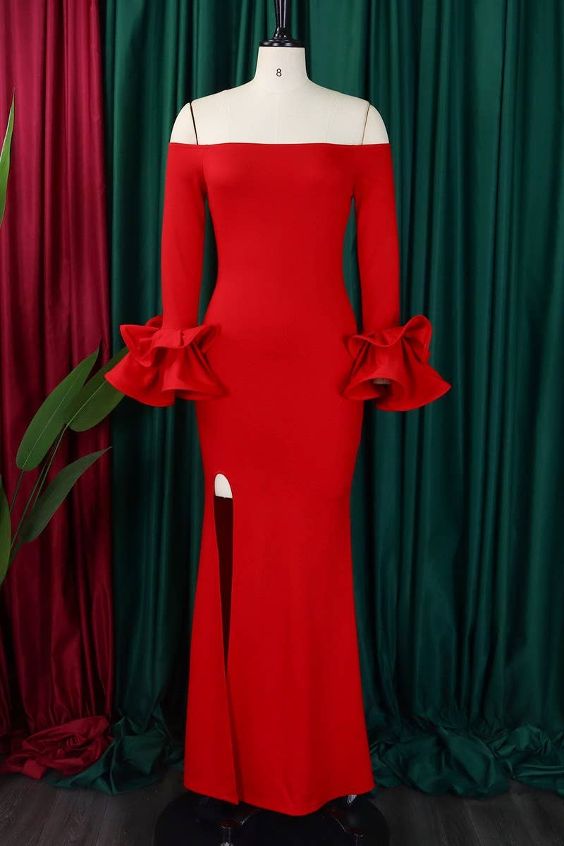 NINEXIS - Wholesale Gown - Women's - CWDMD1729_ONE SHOULDER SLIT RUFFLE SLEEVE EVENING MAXI DRESS6