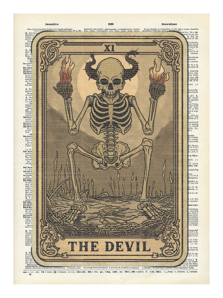 El diablo, carta de tarot, vintage, impresiones de diccionario para venta al por mayor de Crazilyhumbledesigns