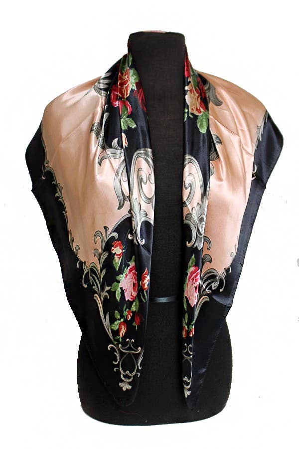 ASSORTED Rose And Golden Leaves Faux Silk Scarf for wholesale on Faire6