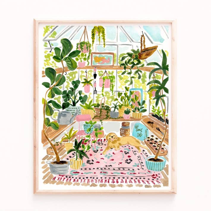 Stampa artistica da giardino in serra, acquerello primaverile da giardinaggio per la vendita all'ingrosso da parte di Sabina Fenn