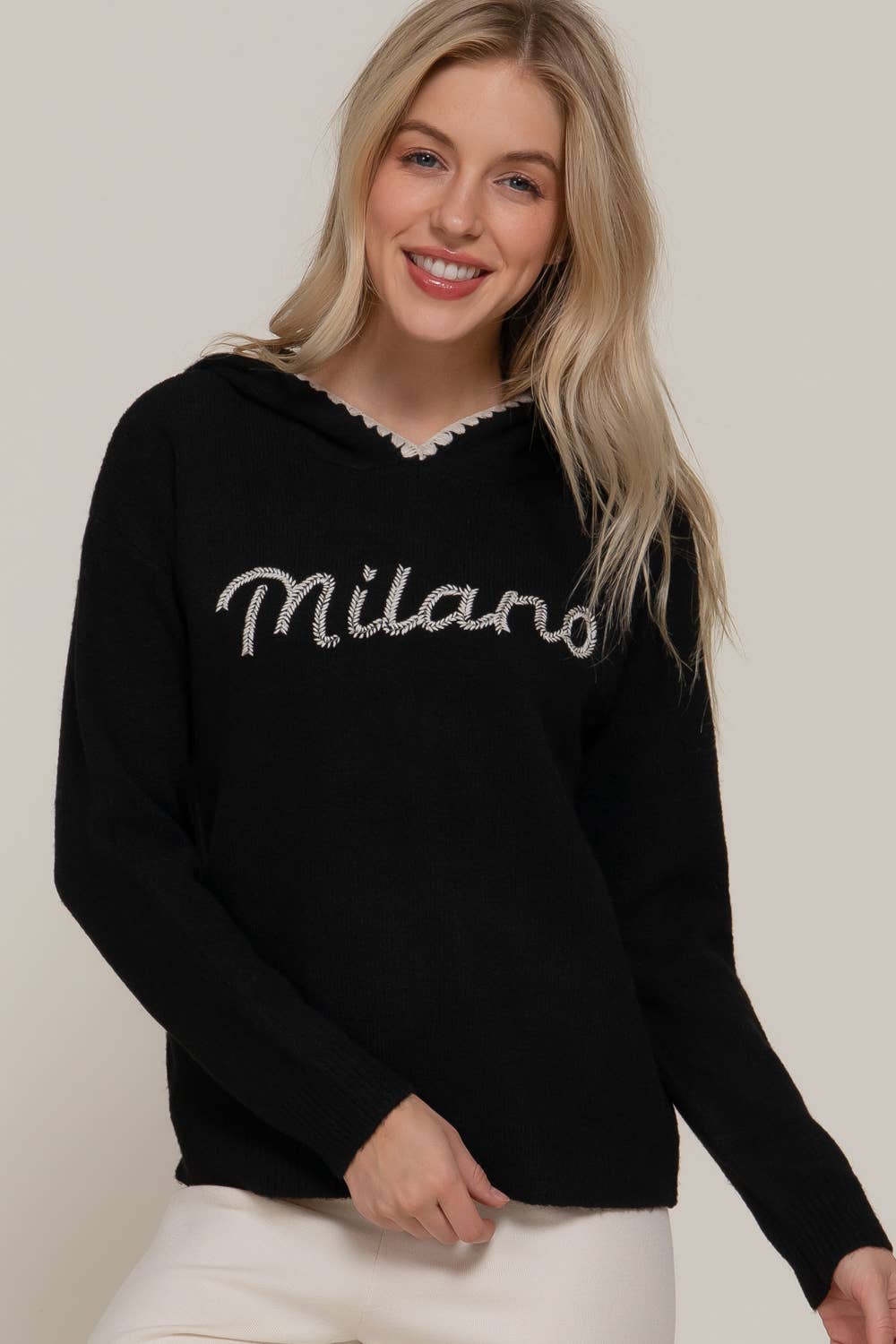 Active Basic | Active USA - Vente Pull en maille – femme - Sweat à capuche à manches longues avec détail de couture et lettres1