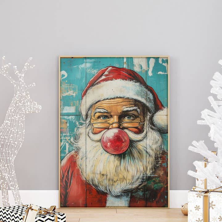 Santa Bubblegum Wall Print Poster Art Retro Vintage Portrait Cartoon Style Christmas Print for wholesale by House of Binky