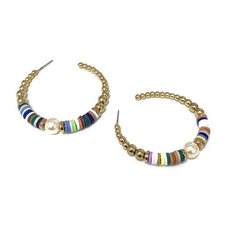 StarryNYC - Wholesale Hoop Earrings - Bohemian Heishi Bead & CCB Pearl Beaded Hoop Post Earrings
