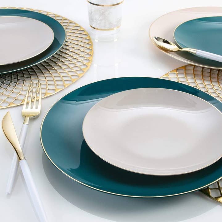 Luxe Party - Wholesale Disposable Plate - Round Teal • Gold Plastic Plates | 10 Pack