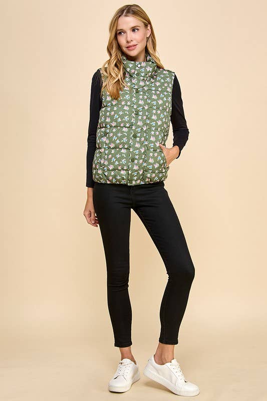 OLIVE CV1210-Gilet doudoune zippé à imprimé floral sur le devant en vente sur Faire4