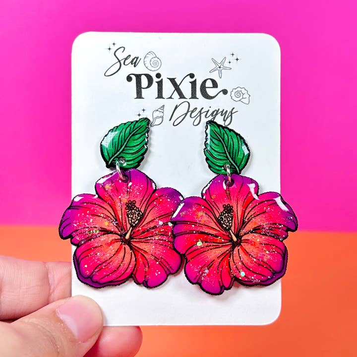 Glittery Sunset Hibiscus Floral Botanical Dangle Earrings for wholesale by Sea Pixie Designs