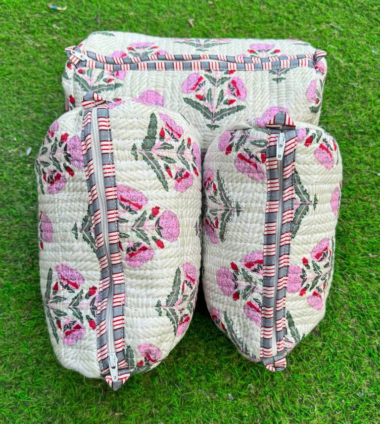 bhavnas boutique - Wholesale Makeup/Cosmetic Bag - White Cotton Quilted Bag Hand Block Printed Bag Women Bags 3