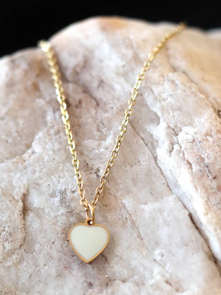 White Charm Heart Necklace - Stainless Steel, Gold Plated for wholesale by Cedar and Cypress Designs
