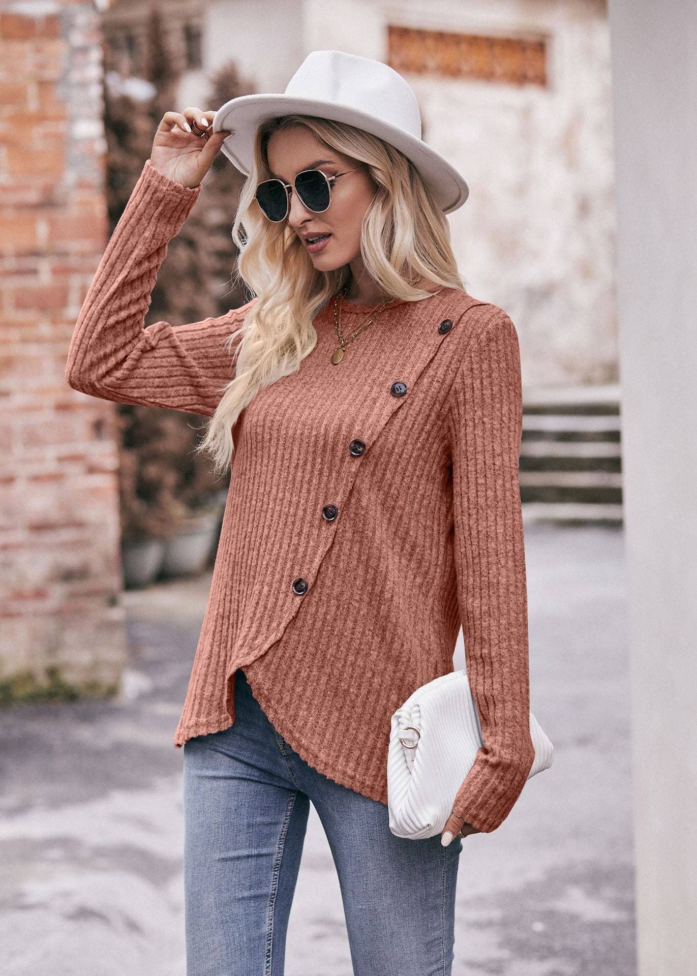 Lovesoft - Wholesale Knit Top - Women's - Round Neck Pit Strip Polished Tulip Hem Solid Color Button T-shirt6